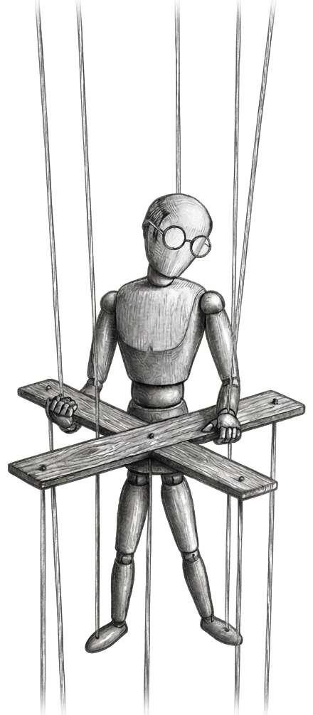 Costanza — a wooden marionette with glasses, holding his own control bar